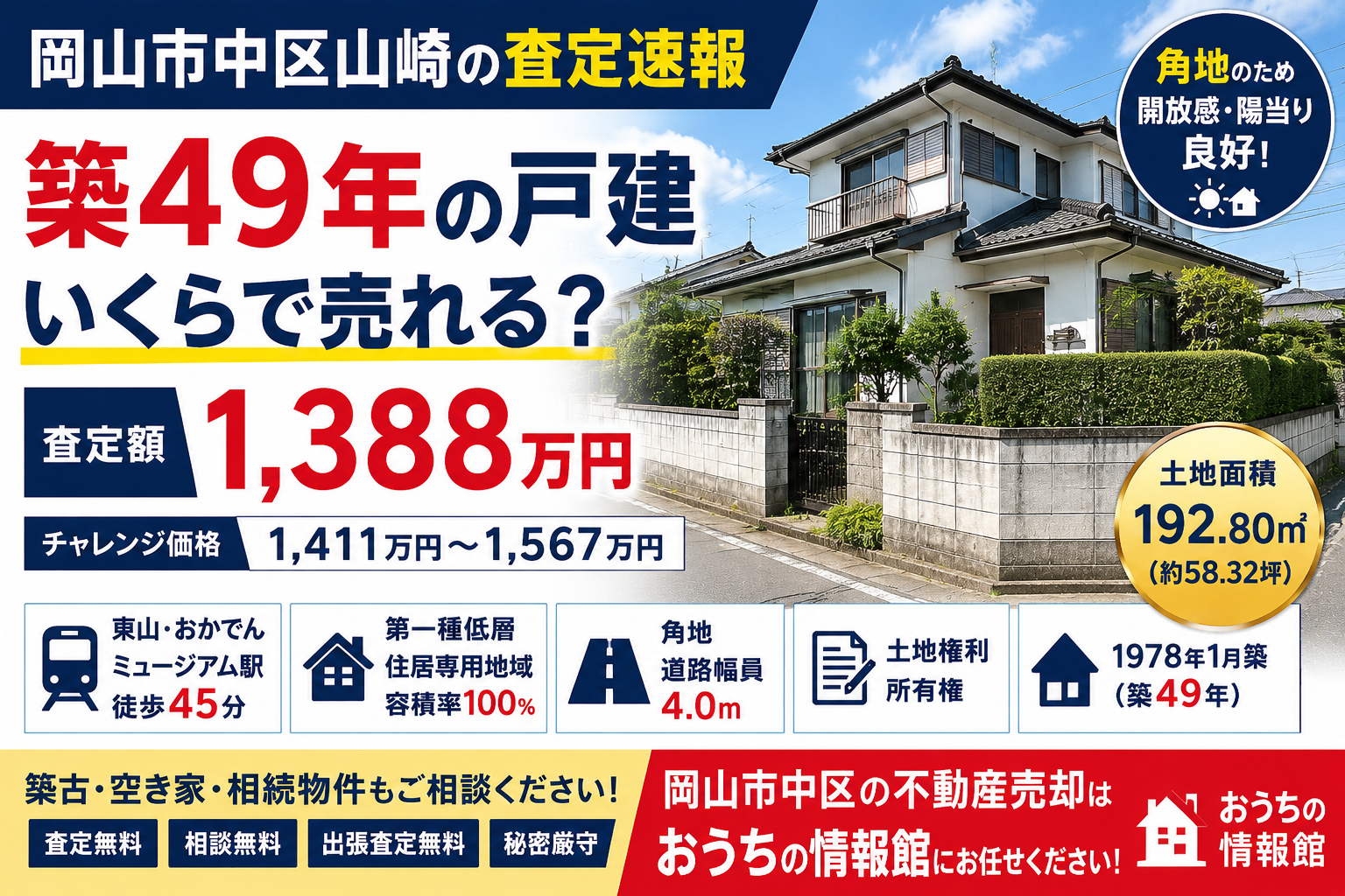 【岡山市中区山崎 不動産査定速報】築49年の戸建はいくらで売れる？査定額1,388万円の事例をご紹介